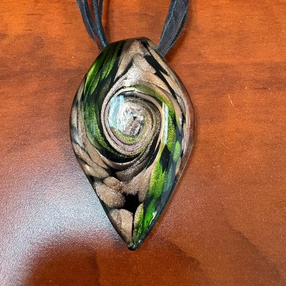 Art Glass Teardrop Pendant Necklace Green‎ Brown Swirl Boho Ribbon Cord